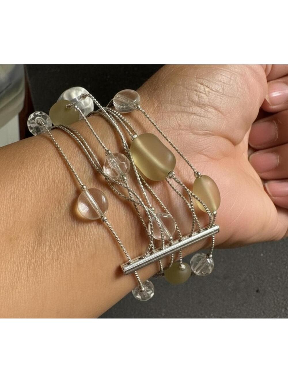 BRACELET VINTAGE AVON Silver Multi Strand with Clear and Yellow green Beads